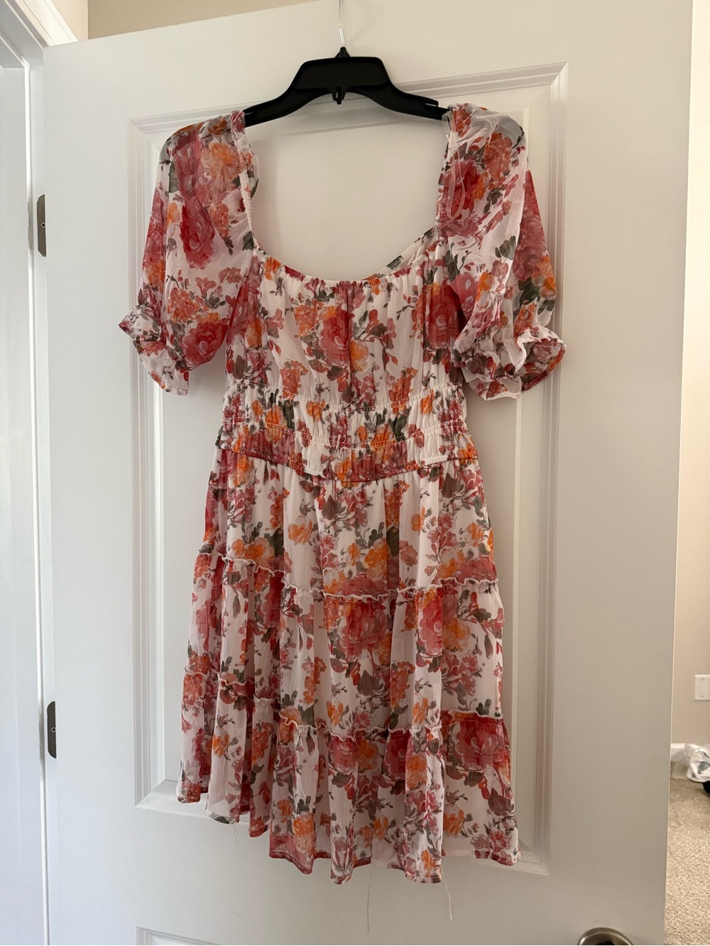 Trixxi junior dress with Red Trim and Pink Floral Accents